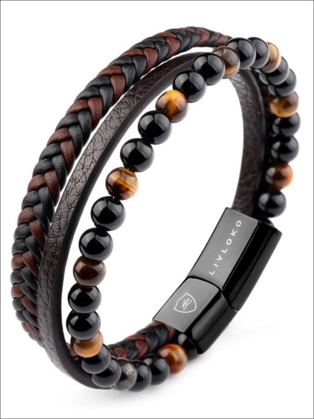 Mens Leather Bracelet Multi-Layer Stone Beads Adjustable Steel Clasp Viking